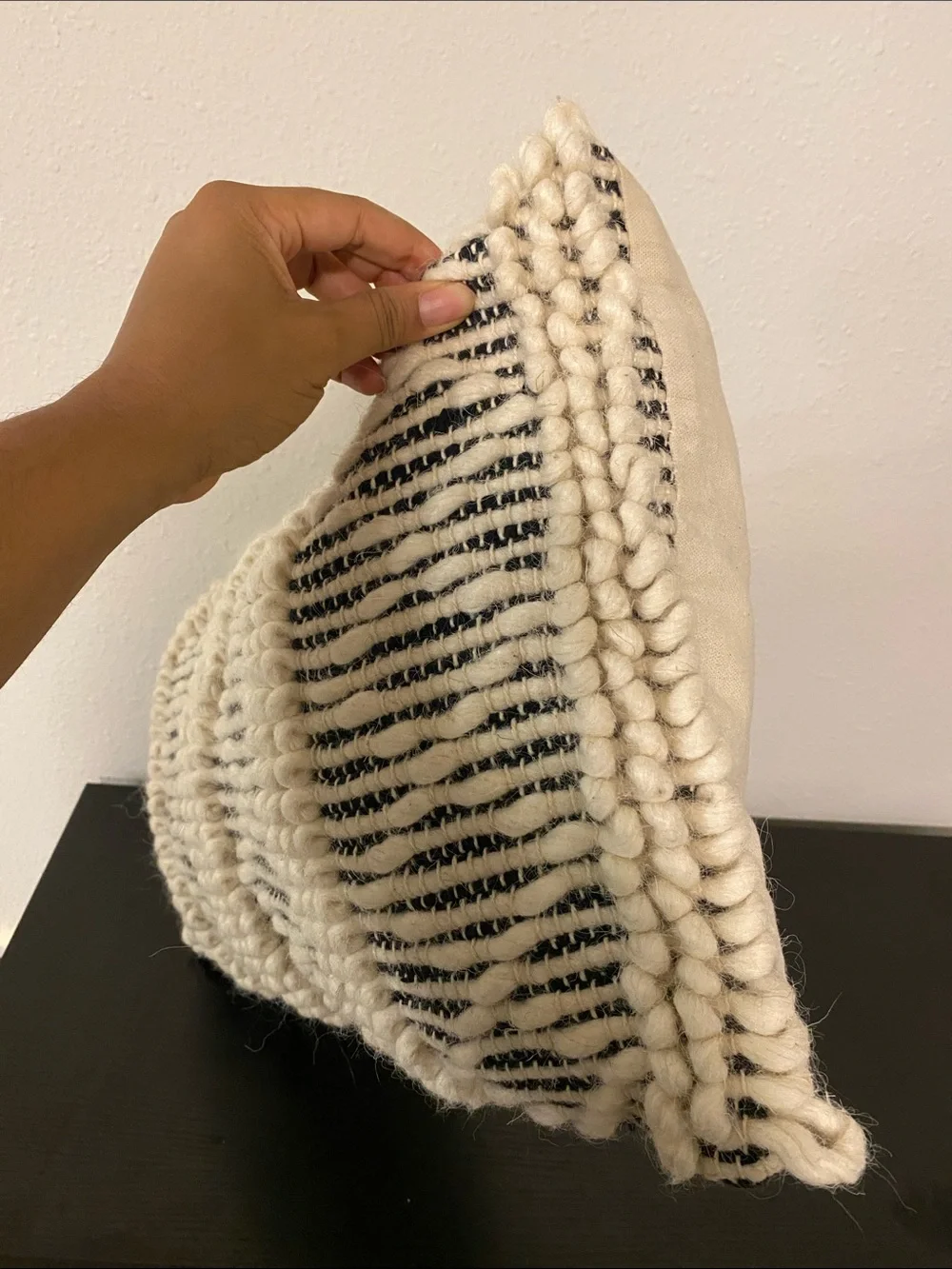 Handwoven Cream and Black Textured Lumbar Pillow